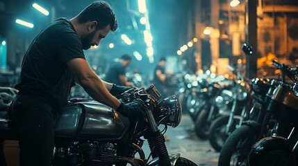 Focused motorcycle mechanic working on a custom bike in a dimly lit garage.
