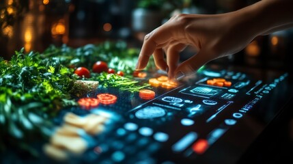 Fototapeta premium Interactive Food Analysis A Hand Touching a Futuristic Screen Displaying Nutritional Data and