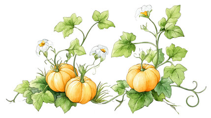 Watercolor pumpkins with leaves and blossoms create a festive border design.