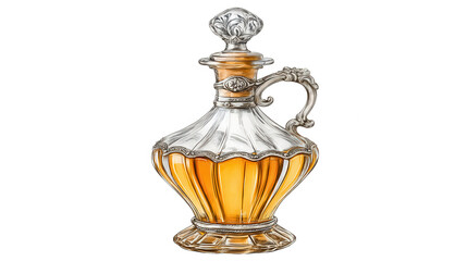 An ornate glass bottle with liquid and silver detailing sits isolated now.