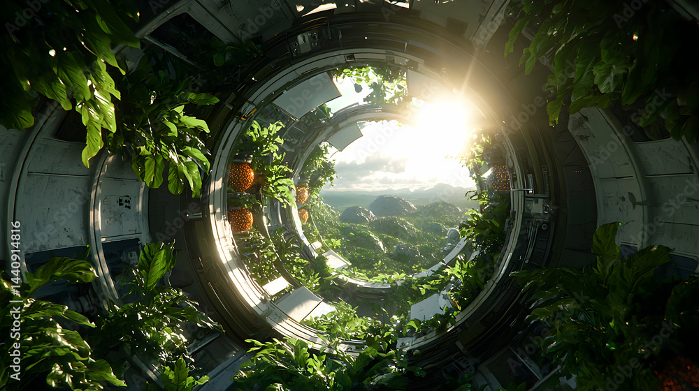 Poster a futuristic space station interior. plants and a view of mountains through a circular window sugges