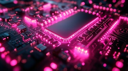 Obraz premium Close-up of a Futuristic Circuit Board Glowing with Pink Light