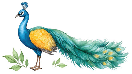 Fototapeta premium Watercolor painting of a vibrant peacock with green leaves on white background.