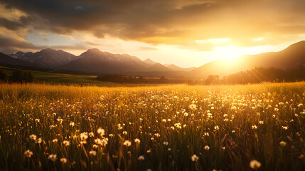 A golden field of wildflowers stretching endlessly towards a distant mountain range.