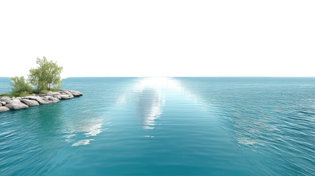 A serene blue sea meets a rocky coastline on a bright and sunny day.