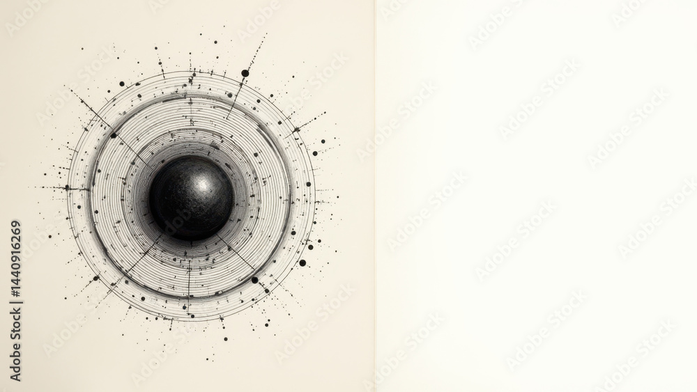 Poster atom design with orbits, on a notebook page.