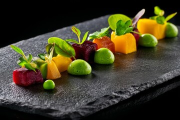Gourmet plated vegetable medley with vibrant colors on slate stone surface