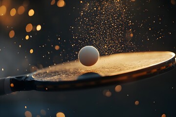 Close-up of the racket touching the ping pong ball in a tense moment of a fast and focused match