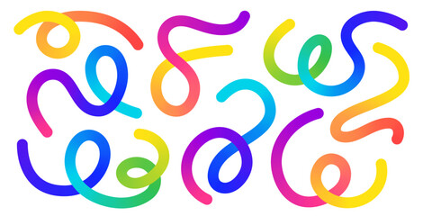 Gradient color morph organic abstract shapes - doodle line rainbow artwork. Curved freehand style. Fun decorative pattern designs with flowing loop motifs overlaid textured backgrounds.