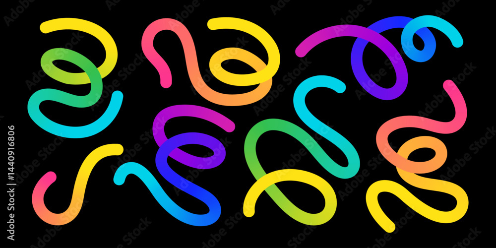 Poster gradient rainbow colors blend organic doodle line art abstract shapes. curved freehand sketches. dec