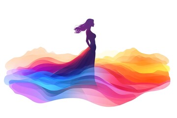 Fototapeta premium Minimalist illustration of a woman in a long tight dress, she is very beautiful and slim, she enjoys her shape on a transparent background of a colorful dreamlike and fantastical landscape