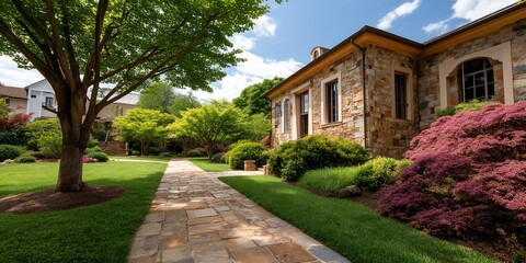 Obraz premium Stone house with landscaped gardens. Perfect for a home design or real estate use