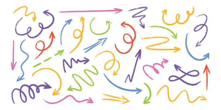 Pastel colored pencil arrow sketches - hand drawn doodle swirls, pointers, curves. Artistic chalk scribbles, chaotic strokes grunge design elements set. Crayon outline drawings, marker illustrations