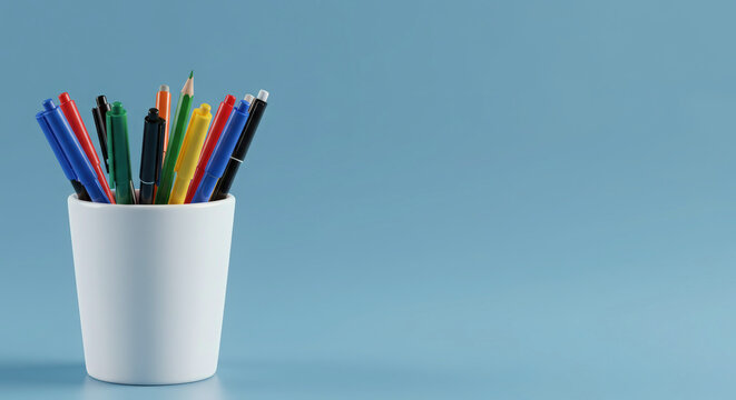 Colorful pens arranged in a white pot against a blue background  