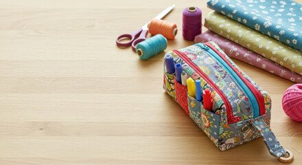 Colorful sewing kit with threads and fabric on wooden table  