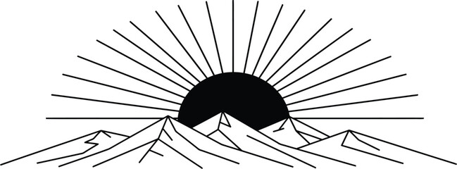 Obraz premium Geometric Mountain Range Sunrise - Black and White Vector