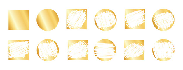 Card lottery scratch on golden shiny badges - gritty speckled spotted halftone round icons. Damaged stained aged border peeling frames. Monochrome faded weathered surface badge designs.