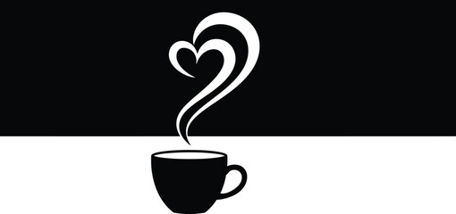 Minimalist Black and White Coffee Cup Heart Steam Vector