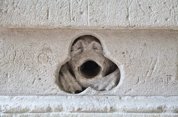 Intricate stone carving of a creature in a wall of Notre-Dame de Chartres Cathedral in France
