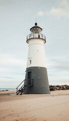 Low-angle lighthouse with black staircase, sandy beach, pale sky, serene atmosphere.