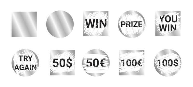 Lottery scratch inspiring words - scuffed weathered monochrome geometric label templates. Engagement gambling entertainment lifestyle art. Scribbly numbers uneven borders authentic look.