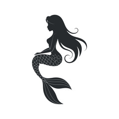 Elegant Silhouette Of A Mermaid With Flowing Hair And Scale Patterned Tail On White Background For Design Projects