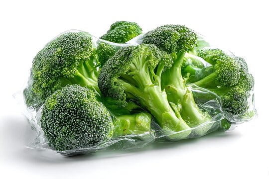 Fresh broccoli in vacuum-sealed packaging for preservation, isolated on a diffrent collers or white background, symbolizing freshness and health.