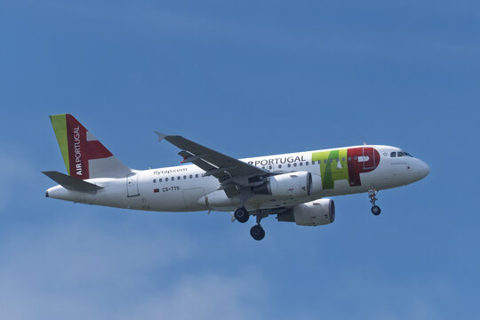 Faro, Portugal - april 16, 2025 : sign and logo on an TAP Air Portugal plane landing at Faro airport