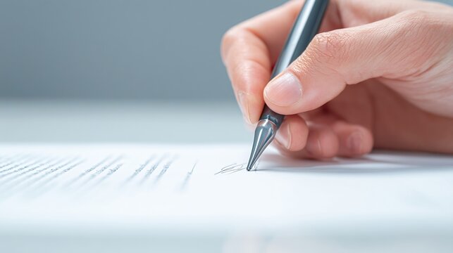 Signing a Document: A close-up shot of a hand carefully signing a legal document with a pen, emphasizing the detail and importance of the act.
