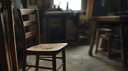 A wooden chair in a dimly lit workshop