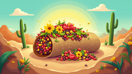 A giant, overflowing burrito packed with beans, corn, and guacamole sits in a desert scene filled with colorful sombreros and maracas, radiating joy for National Burrito Day in a lively