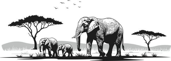 Elephant Family in African Savanna - Vector Art © Tharindu