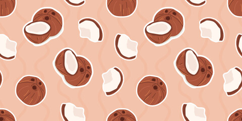 coconut. Seamless coconut pattern. tropical fruit. Coconut oil. coconut pulp. for advertising. Coconut pattern for packing. meal. A nut from a palm tree. seamless. 