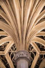 Intricate Gothic architecture of vaulted ceiling in historic cathedral
