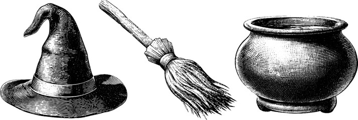 Vintage witchcraft essentials: engraved illustration of witch hat, broomstick, and cauldron