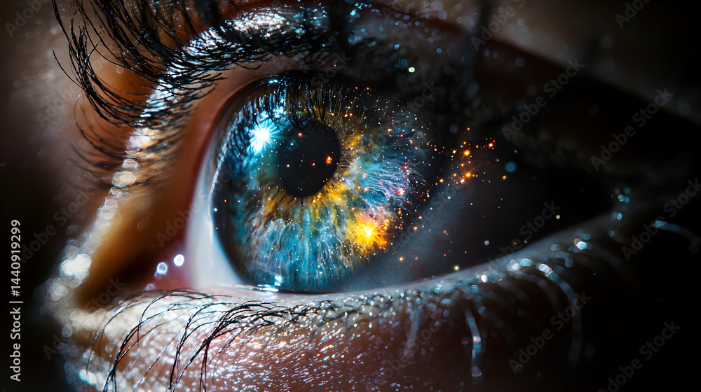 Poster a close-up view of an eye with a galaxy depicted within. this image symbolizes perception imaginatio