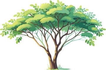 A watercolor rendering of a Moringa Tree (Moringa oleifera), with light feathery leaves and thin branches, isolated on a white background.