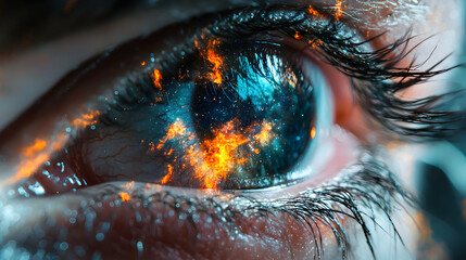 An eye filled with the cosmos fire and stars reflecting the vastness of the universe itself. Use this as a stunning wallpaper or graphic design element.