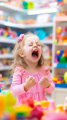Fototapeta premium Toddler in a toy store expressing emotions amid colorful toys