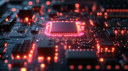 Obraz premium Close-up of a glowing red Circuit Board. High-tech, illuminated microchip technology, computer hardware, digital innovation, electronic components.