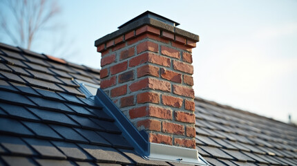 A sturdy brick chimney with weathered red and gray bricks rises from a dark-shingled sloped roof