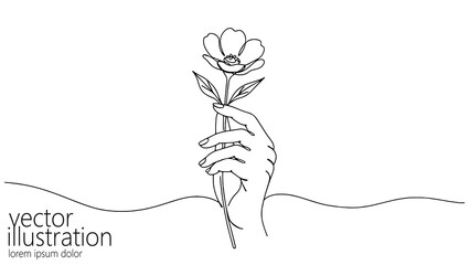 Hand holds flower line art. Delicate petals graceful leaves single stem. Use for invitation card logo design floral shop. Minimalist style top view white background