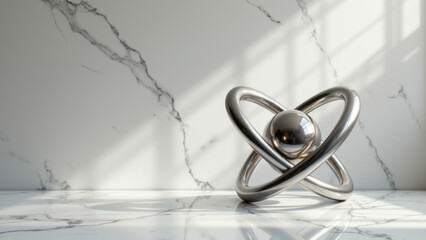 This is a modern sculpture of an atom with a marble background.