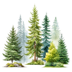 A watercolor illustration of various evergreen trees on a white background.
