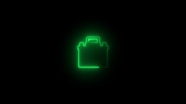 Glowing neon car battery icon animation video on black background