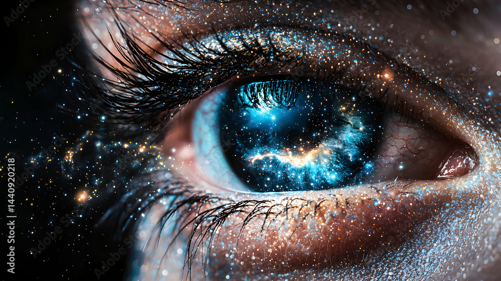 Poster stunning macro eye art where the iris transforms into a mesmerizing cosmic galaxy. use for artistic 