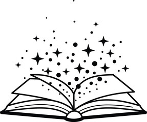 Magical Open Book, Minimalist Black and White Vector