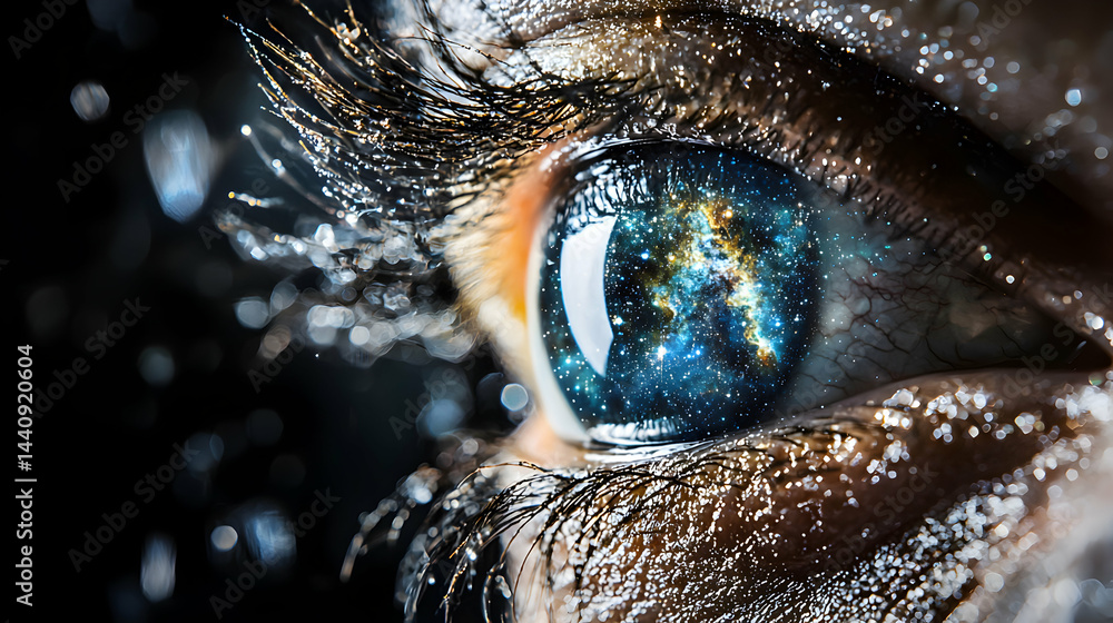 Poster an eye reflects the cosmos a visual metaphor for boundless perception or the vastness within. use it