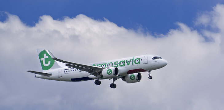 Faro, Portugal - april 22, 2025 : sign and logo on a Transavia France plane a French low-cost airline owned by Air France landing at Faro airport