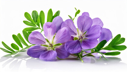 Obraz premium purple flowers and green leaves of lucerne medicago isolated on white or transparent background
